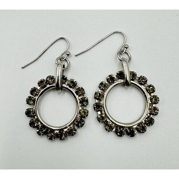Silver Tone Gray Green Prong Set Pavé Crystal Glass Circle Dangle Earrings - Picture 1 of 6